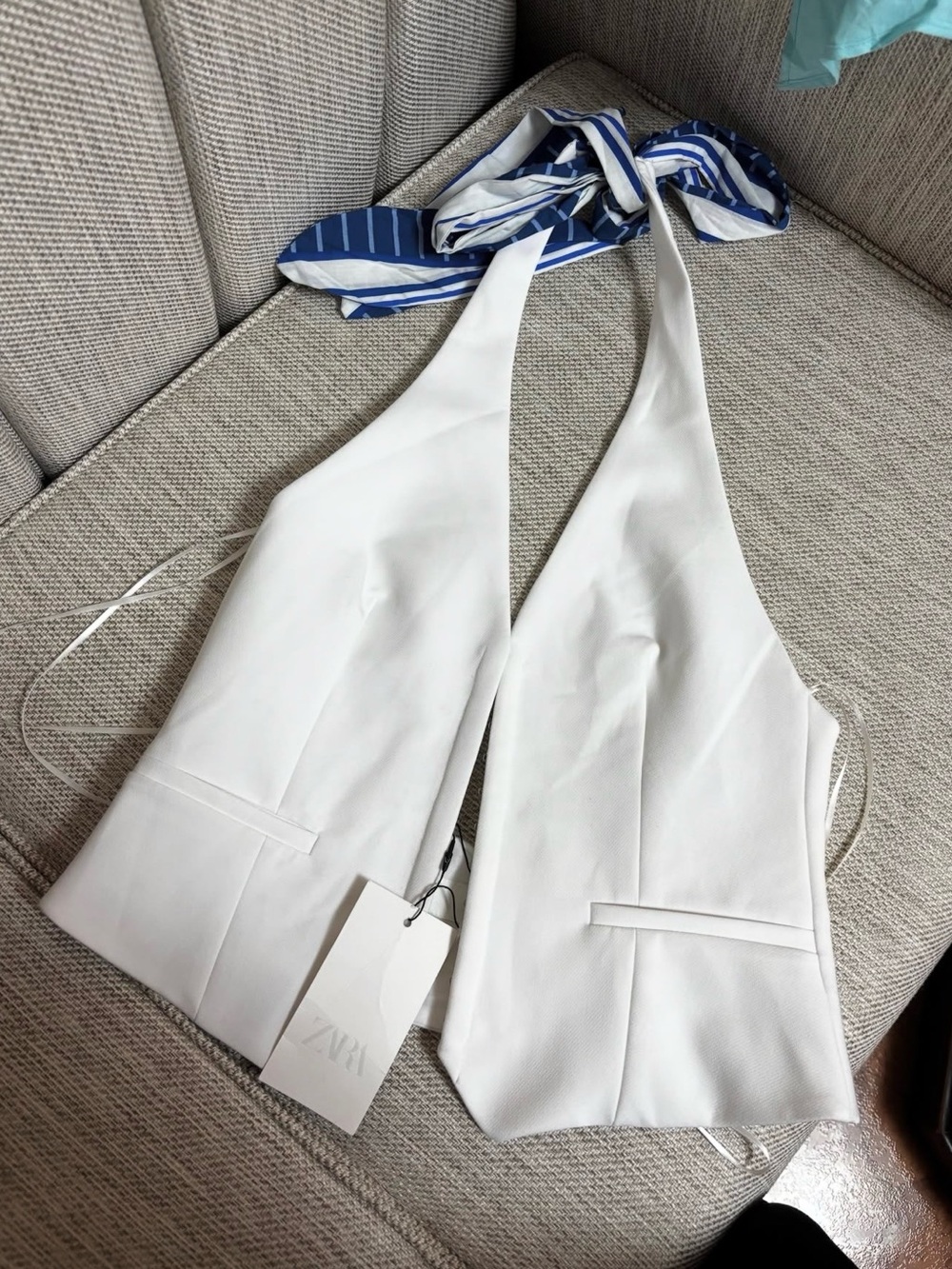Zara White Halter Vest with Blue Striped Tie